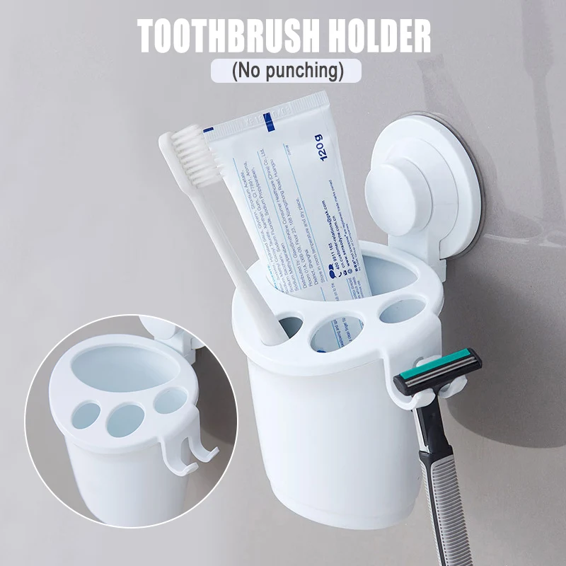 

Toothbrush Holder Rack with Shaver Holder Suction Cup Wall-mounted Toothpaste Storage Stand with Drainage Holes DSS899