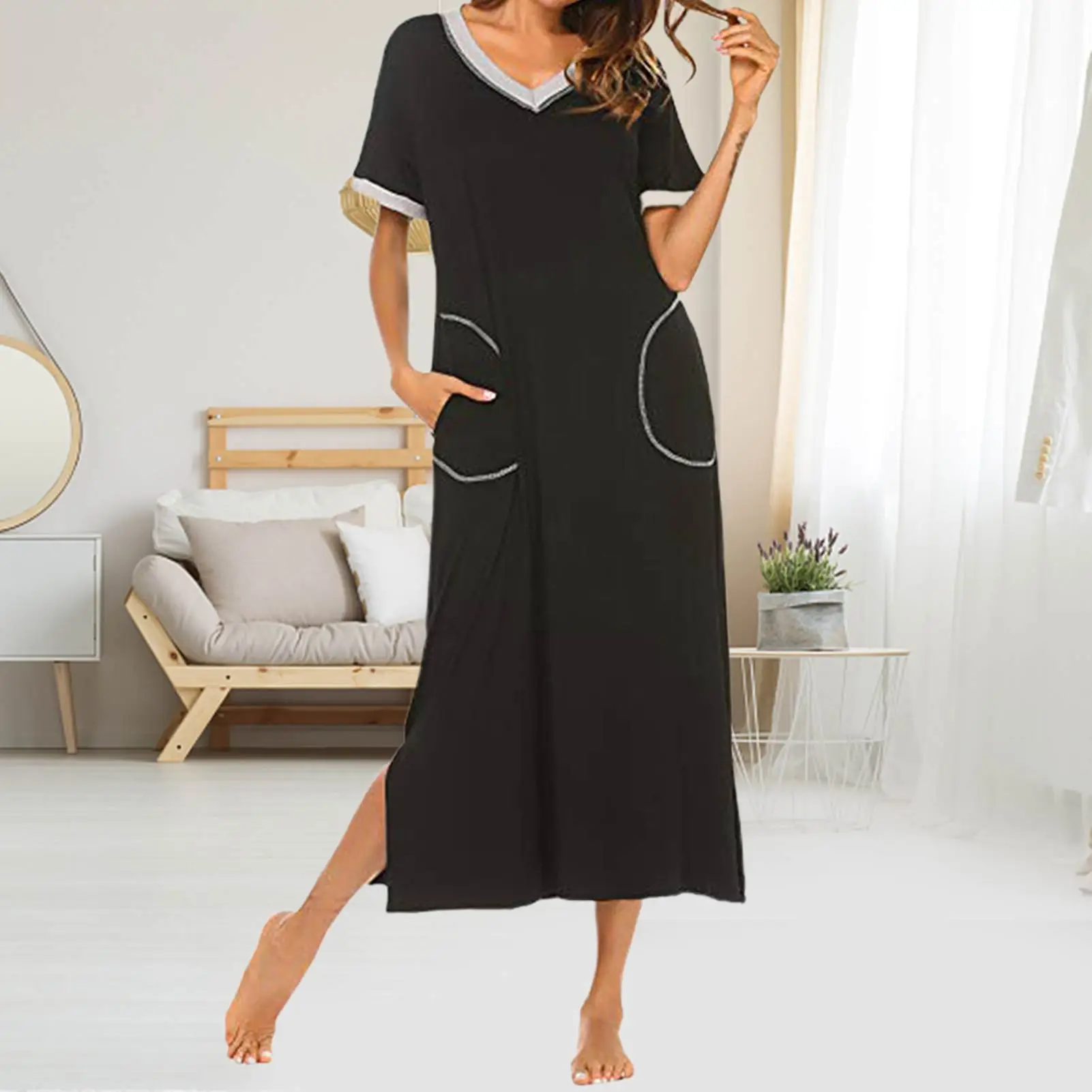Pocket Nightgown Summer Ladies Short-sleeved V-neck Nightdress Women Pajamas Embroidery Lace Bath Gown Nightwear
Pocket Nightgown Summer Ladies Short-sleeved V-neck Nightdress Women Pajamas Embroidery Lace Bath Gown Nightwear