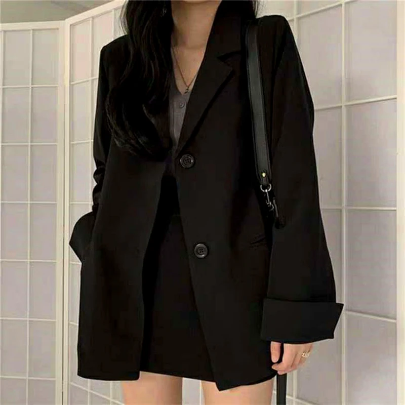 

Fashion 2021 Spring Blazer Women Single Breasted Oversized Suits Jacket Office Ladies Loose Long Sleeve Blazer Black