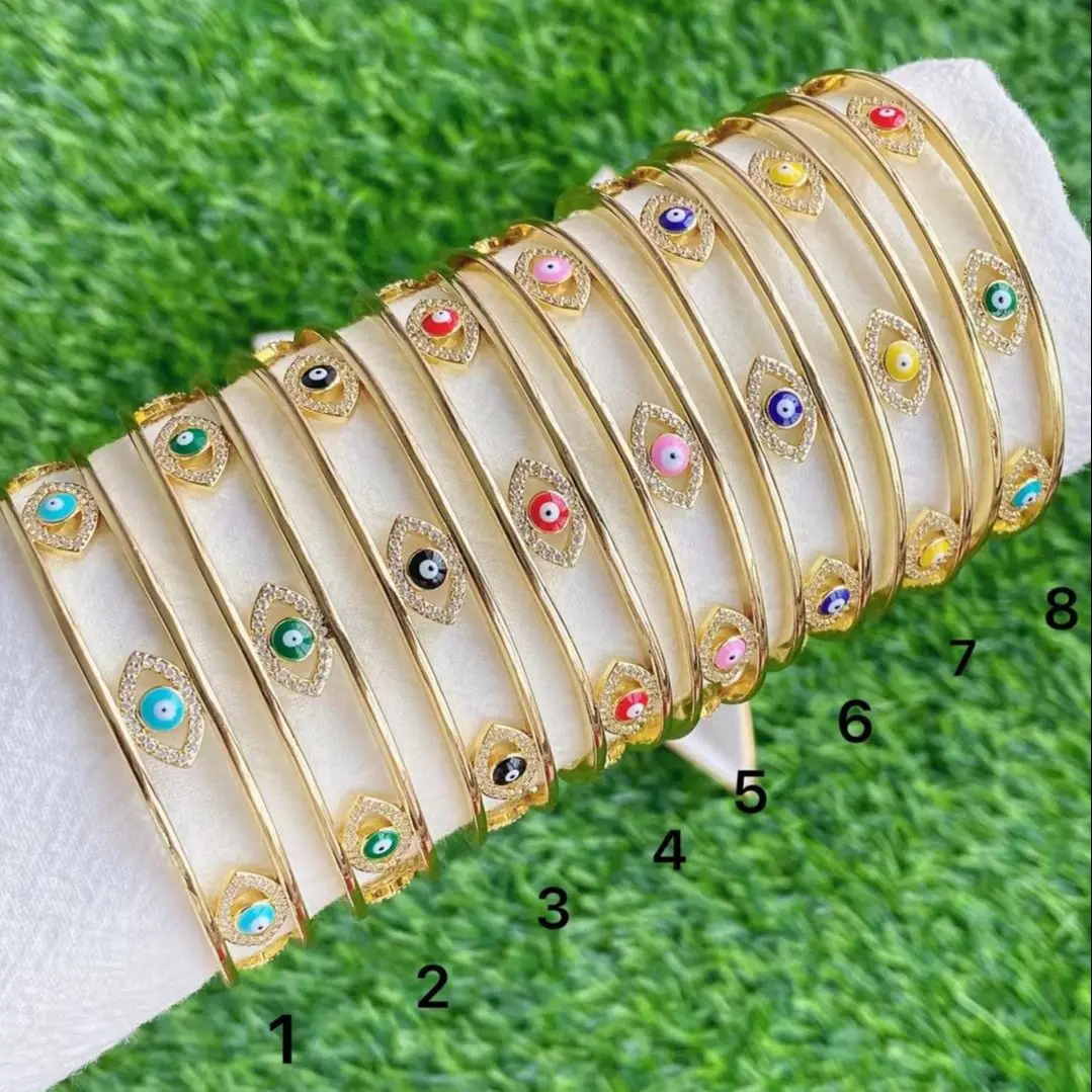 

5Pcs High quality cubic zircon Bracelet Gold plating Bangle micro pave colorful eye enamel cuff bangle for women men