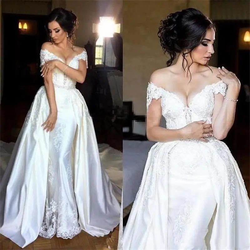 Женское свадебное платье с юбкой-годе It's yiiya, белое кружевное платье со съемным шлейфом и открытыми плечами на лето 2020 
Женское свадебное платье с юбкой-годе It's yiiya, белое кружевное платье со съемным шлейфом и открытыми плечами на лето 2020