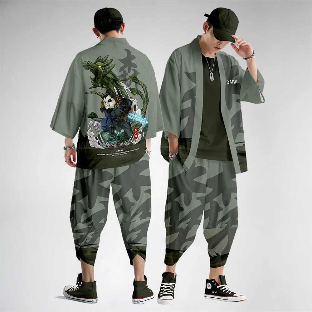Men's Retro Green Panda Printed Kimono Beach Cosplay Shirt Samurai Kimono And Trousers Men's Japanese Kimono Cardigan Set
Men's Retro Green Panda Printed Kimono Beach Cosplay Shirt Samurai Kimono And Trousers Men's Japanese Kimono Cardigan Set