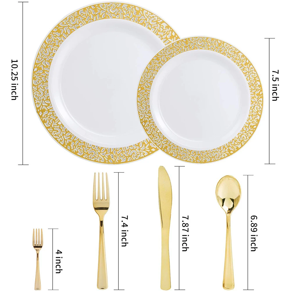150PCS White High-grade Round Hard Plastic PS Imitation Porcelain Western Cutout Plate Gold Knife Fork Spoon Dinner Plate Set
150PCS White High-grade Round Hard Plastic PS Imitation Porcelain Western Cutout Plate Gold Knife Fork Spoon Dinner Plate Set
