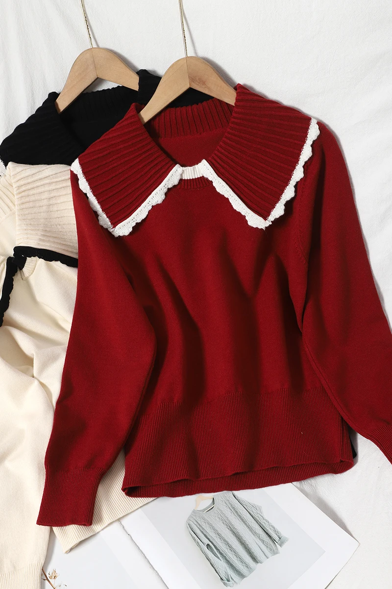 Age Reduction Fashion Contrast Color Lace Sweet Big Lapel Knitted Sweater Winter Wear Versatile Korean Thin Top Women 
Age Reduction Fashion Contrast Color Lace Sweet Big Lapel Knitted Sweater Winter Wear Versatile Korean Thin Top Women