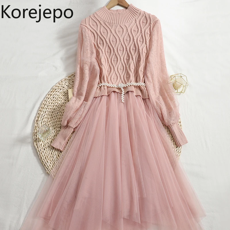 Korejepo Pullover Knitted Dress Long Half High Neck 2021 Autumn Winter Slim Stitching Lace Sleeve Mesh Dresses Sweet Vestidos
Korejepo Pullover Knitted Dress Long Half High Neck 2021 Autumn Winter Slim Stitching Lace Sleeve Mesh Dresses Sweet Vestidos