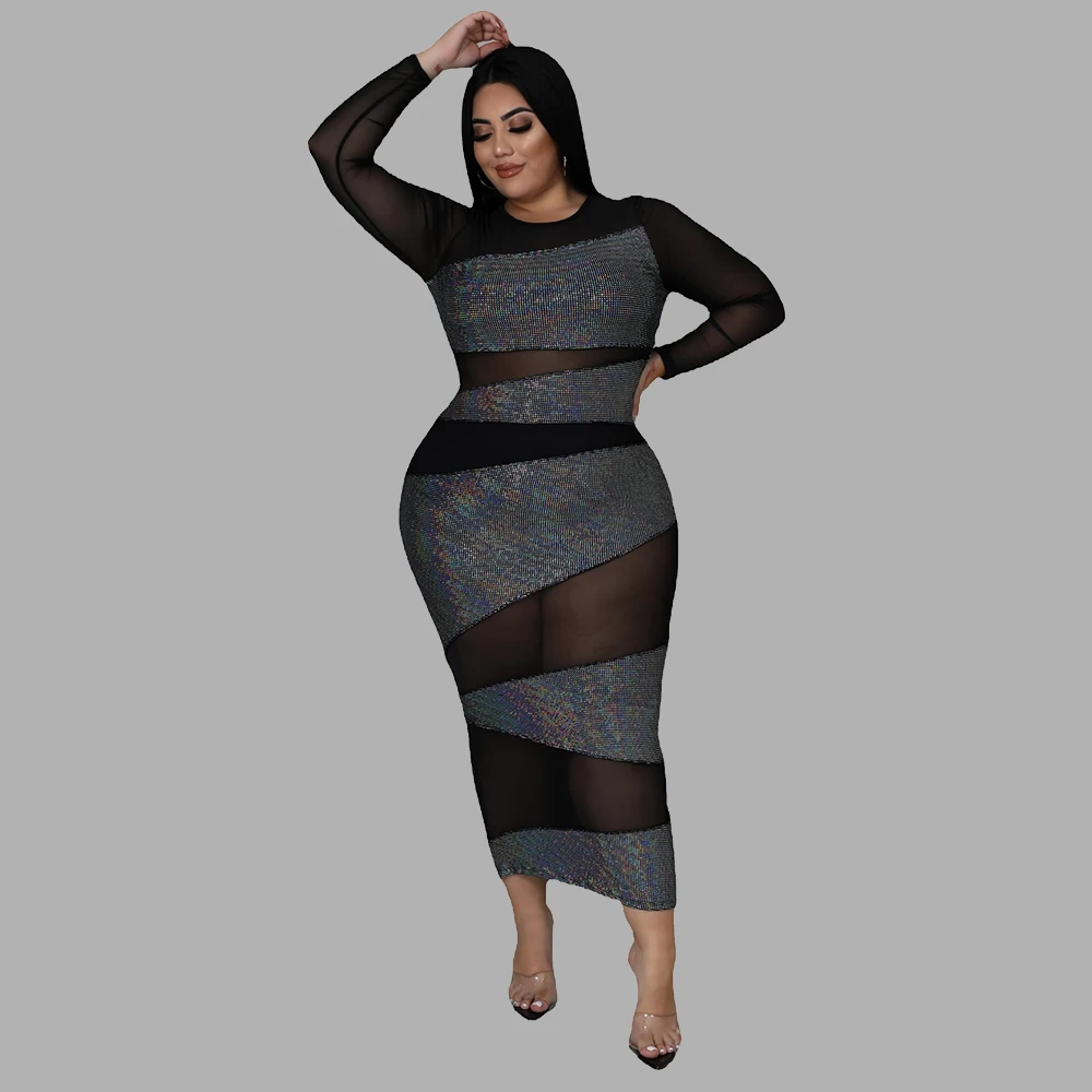 Plus Size Women See Through Dress Fashion Round Neck Sequins Net Yarn Patchwork Solid Color Elegant Midi Dresses Wholesale
Plus Size Women See Through Dress Fashion Round Neck Sequins Net Yarn Patchwork Solid Color Elegant Midi Dresses Wholesale