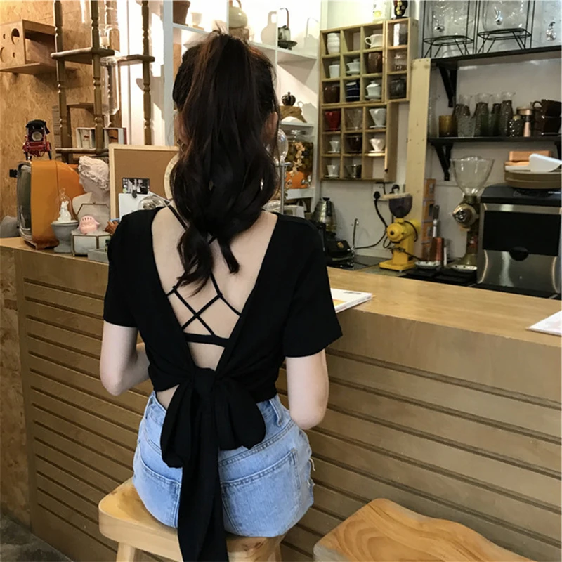 Elegant T-shirt women's summer Korean version crowd design feeling open back bandage tight short sleeve clothes harajuku shirt 
Elegant T-shirt women's summer Korean version crowd design feeling open back bandage tight short sleeve clothes harajuku shirt