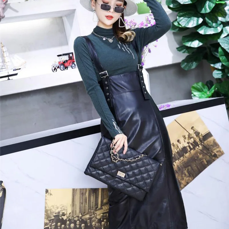 Spring Women High Waist Suspender Dress Sheepskin Natural Leather Mid Calf Straps Dresses Preppy Female Harajuku Long Dress
Spring Women High Waist Suspender Dress Sheepskin Natural Leather Mid Calf Straps Dresses Preppy Female Harajuku Long Dress