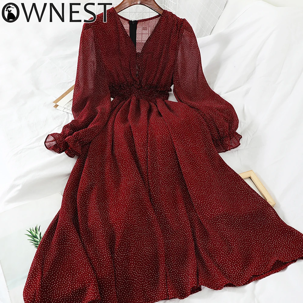Ownest Elegant Autumn V Neck Polka Dot Slim Chiffon Dress Button Puff Sleeve High Waist Women Mid-calf Dress 2020 New
Ownest Elegant Autumn V Neck Polka Dot Slim Chiffon Dress Button Puff Sleeve High Waist Women Mid-calf Dress 2020 New