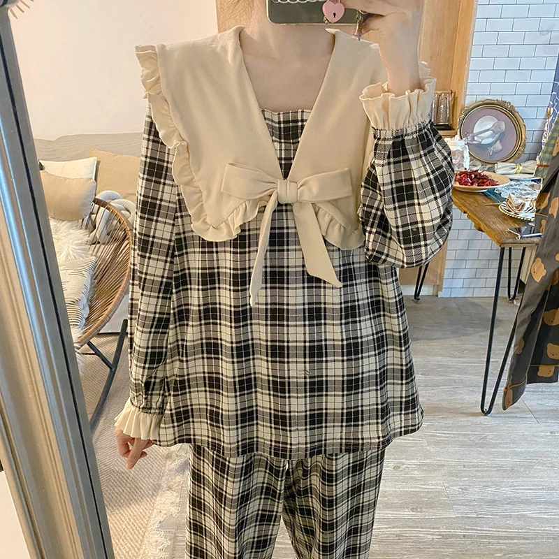 Women's Cotton Pajamas Girls Spring And Autumn Long-Sleeved Plaid Korean Ins Cute Sweet Home Service Two-Piece Suit Sleepwear
Women's Cotton Pajamas Girls Spring And Autumn Long-Sleeved Plaid Korean Ins Cute Sweet Home Service Two-Piece Suit Sleepwear