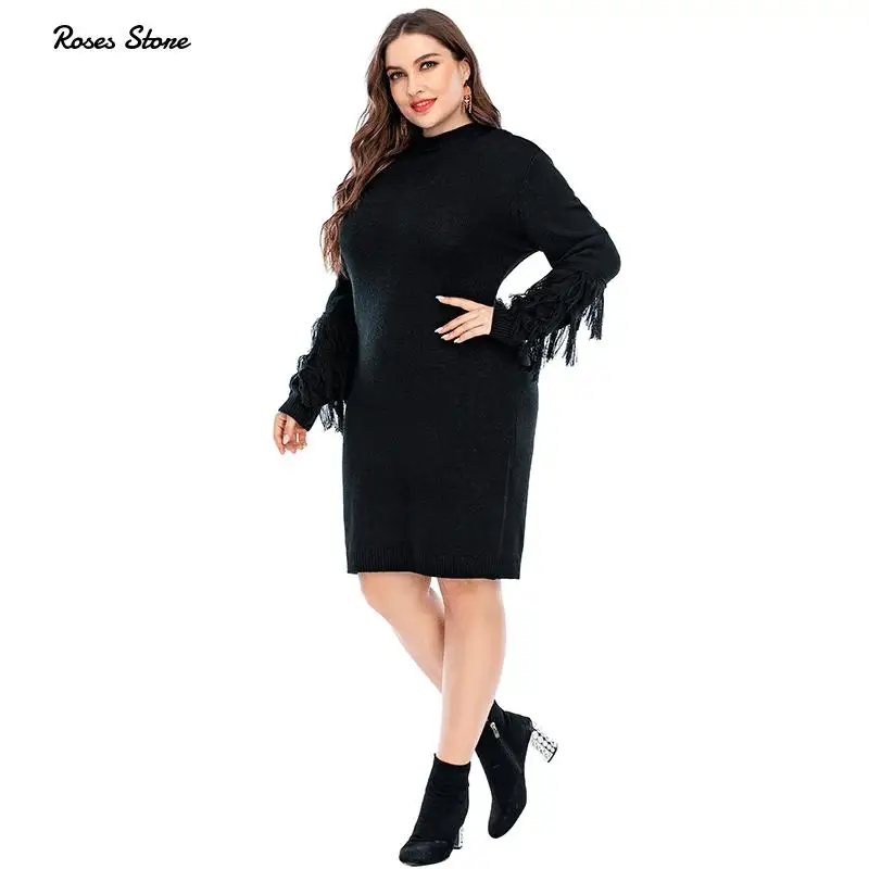 Women's Plus Size Long Sleeve Knitted Midi Dress with Tassel Black Female Elegant Sweater Autumn Spring Office Warm Clothing New
Women's Plus Size Long Sleeve Knitted Midi Dress with Tassel Black Female Elegant Sweater Autumn Spring Office Warm Clothing New
