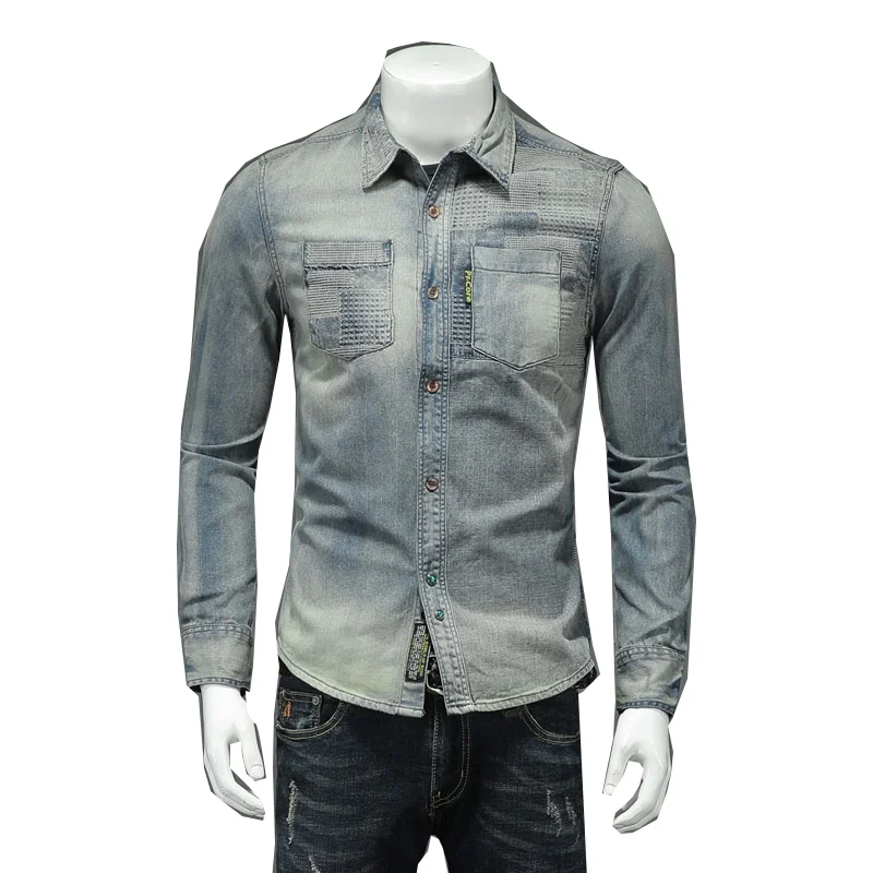 

Camisa vaquera de manga larga para hombre, chaqueta delgada de estilo Bomber, ropa de calle para motocicleta, color azul claro,