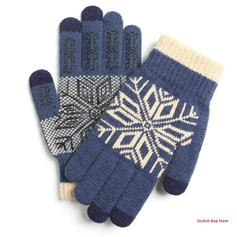Men Winter Touch Screen Snowflake Knit Warm Gloves Plush Lining Non-Slip Mittens