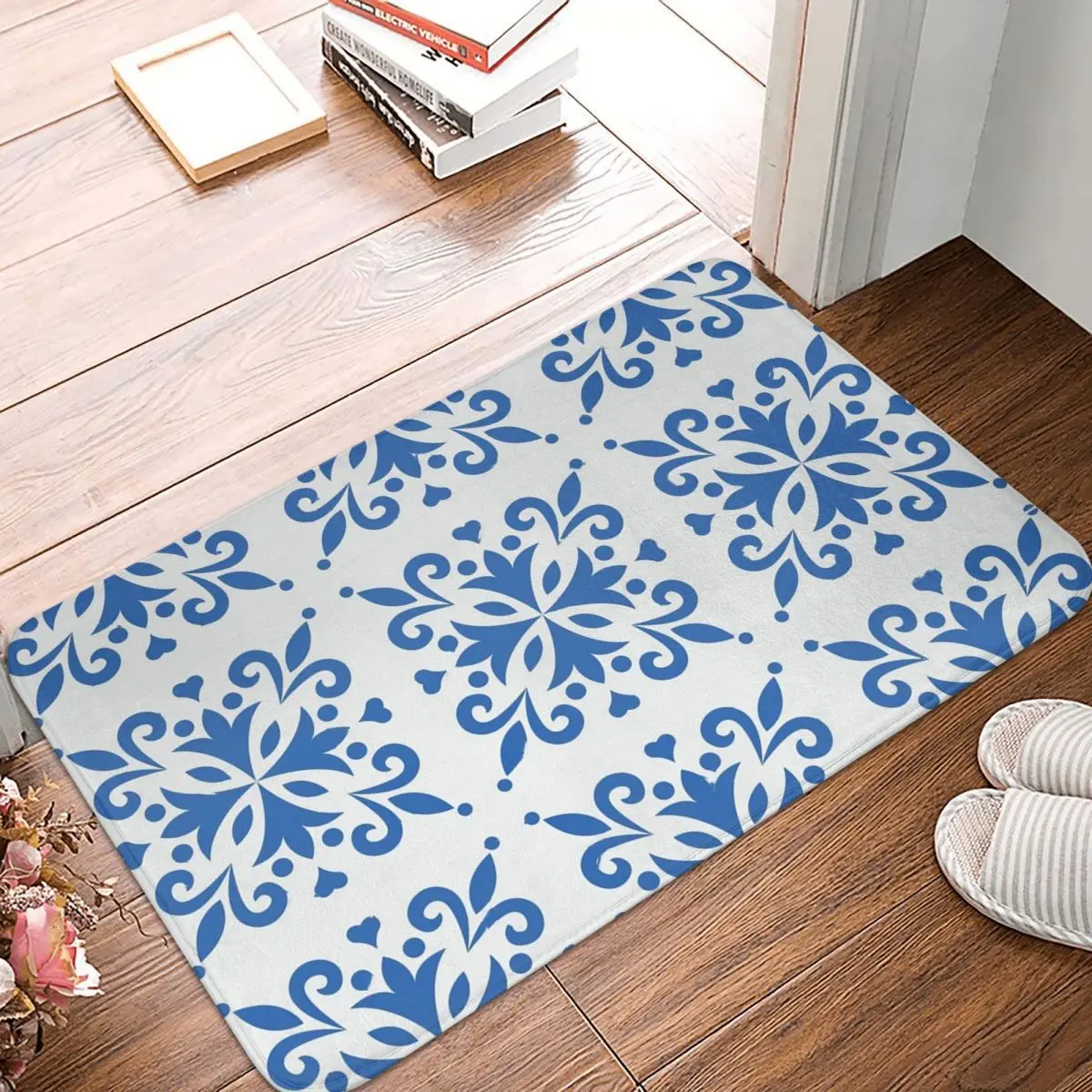 

Blue Azulejo Ornament Polyester Doormat Rug Carpet Mat Footpad Non-slip WashableEntrance Kitchen Bedroom Balcony Cartoon