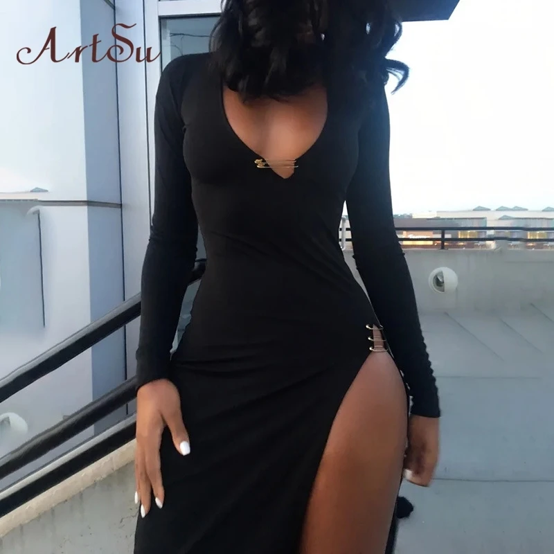 Ангелы Secret черный цвет, вид сбоку Разделение сексуальное Макси платье для женщин, осенняя блузка с v-образным вырезом с длинным рукавом Вече... 
Ангелы Secret черный цвет, вид сбоку Разделение сексуальное Макси платье для женщин, осенняя блузка с v-образным вырезом с длинным рукавом Вече...