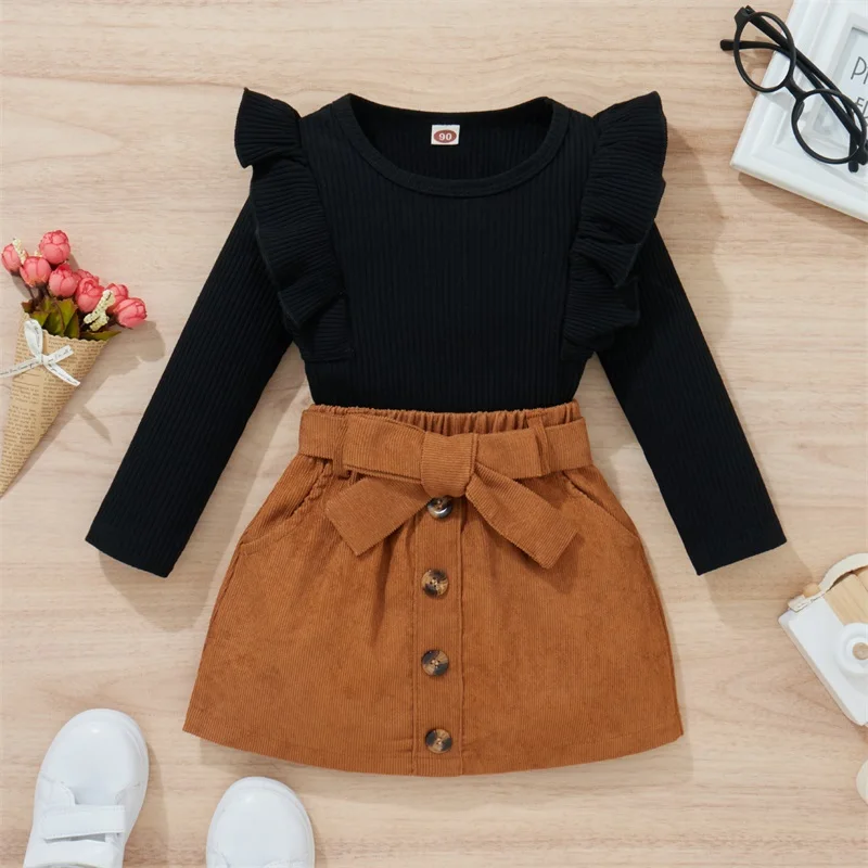 

Stylish Kids Girls Skirt Set, Long Sleeve Crew Neck Tops with Elastic Waist Skirt Casual Daily Outfit, 9Months-4Years