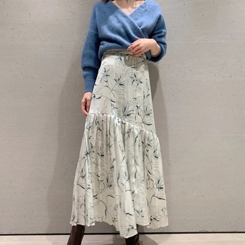 

Женская драпированная юбка с завышенной талией, модная Асимметричная трапециевидная юбка с винтажным принтом на весну, 2021