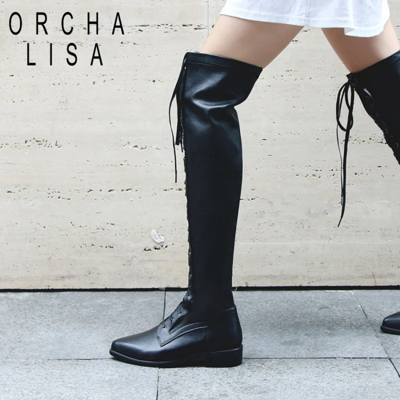 

ORCHA LISA/Сапоги выше колена из натуральной кожи для верховой езды острый носок, квадратный каблук, перекрестная шнуровка, большой размер 34-42, ч...