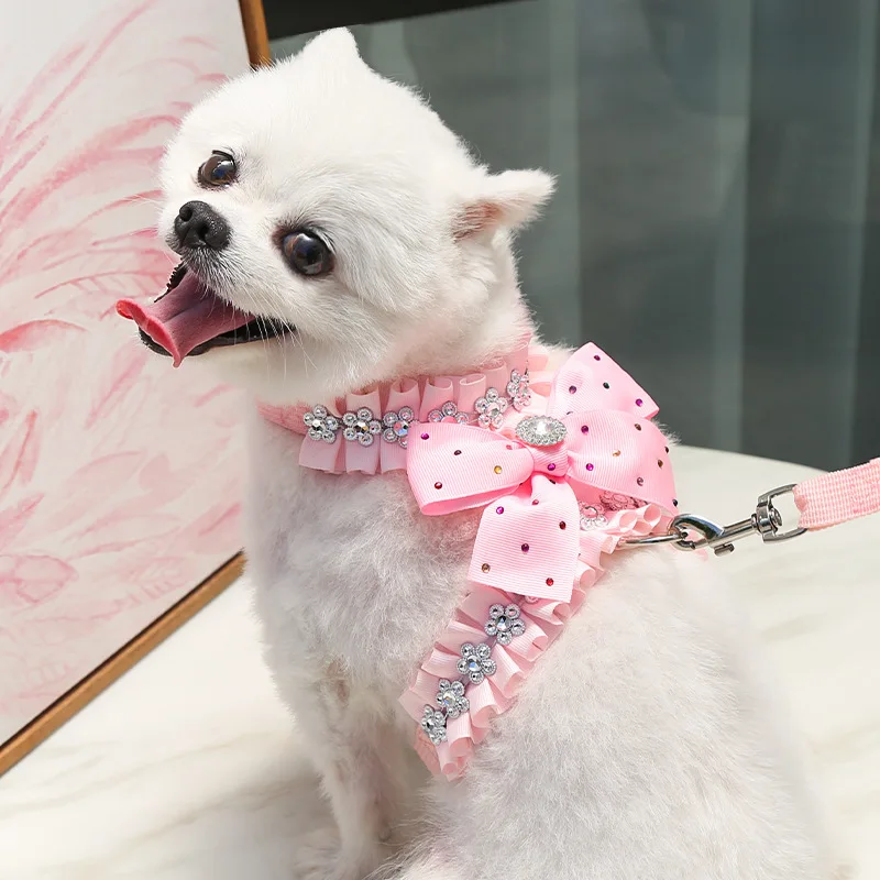 Набор из шлейки и поводка для собак с бриллиантами французский бульдог одежда