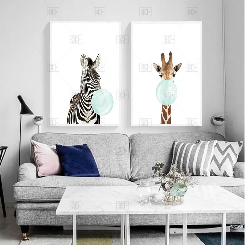 

Cute Blue Bubble Gum Animal Zebra Giraffe Koala Kangaroo Canvas Art Abstract Painting Print Poster Picture Wall Home Decoration
