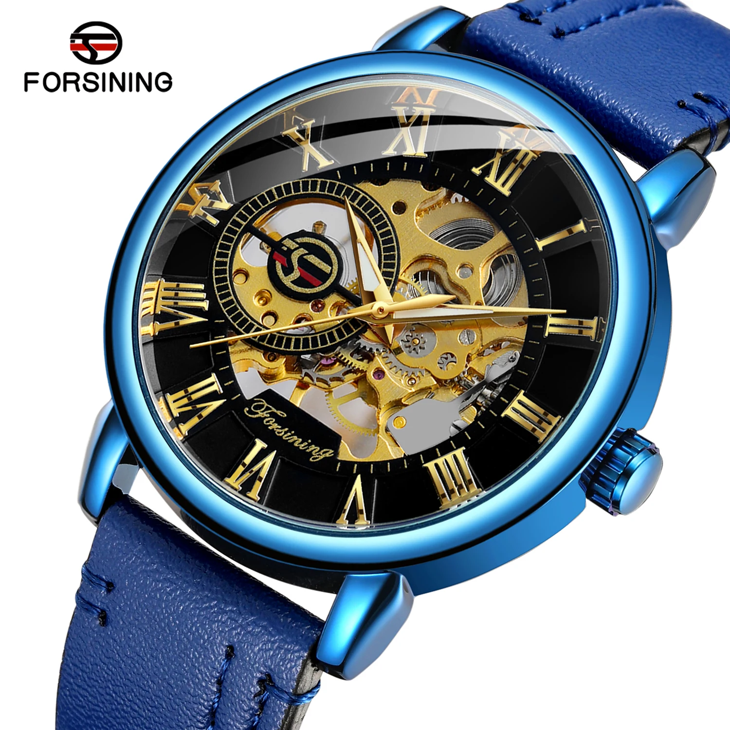 

Forsining Men's Watches Blue Leather Skeleton Manual Mechanical Clock Simple Casual Sports Male Wristwatches Drop Shipping Reloj