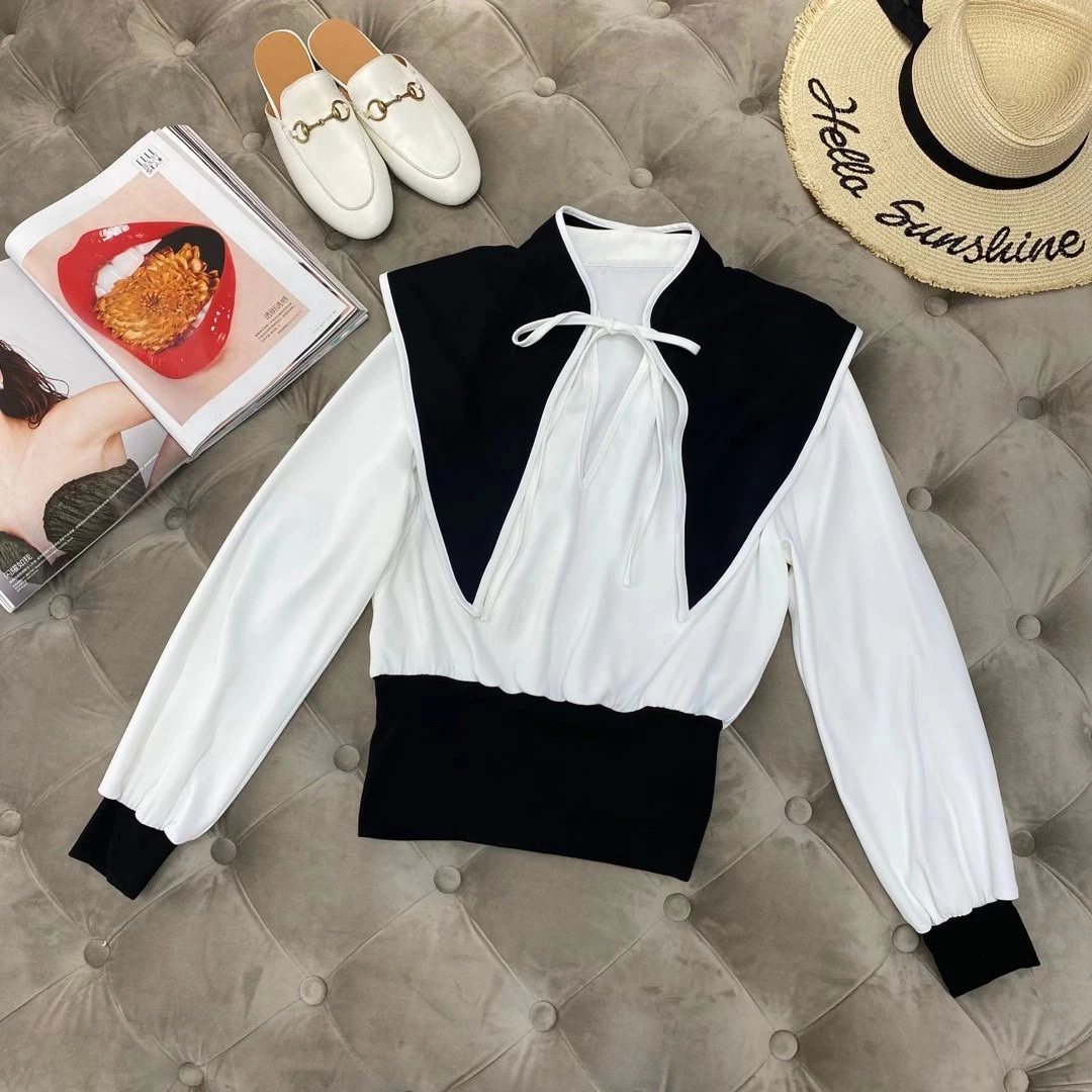 2023 new fashion ladies long-sleeved sexy color contrast big lapel fake two-piece top 1224
2023 new fashion ladies long-sleeved sexy color contrast big lapel fake two-piece top 1224