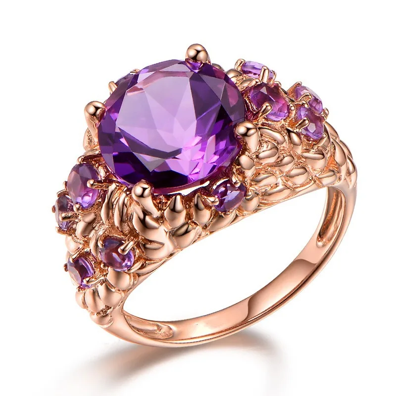 

Luxury Natural Amethyst Ring Female 14K Rose Gold color Etoile Gemstone Anillos De Ring Bizuteria Agate Diamante Rings NoEnName