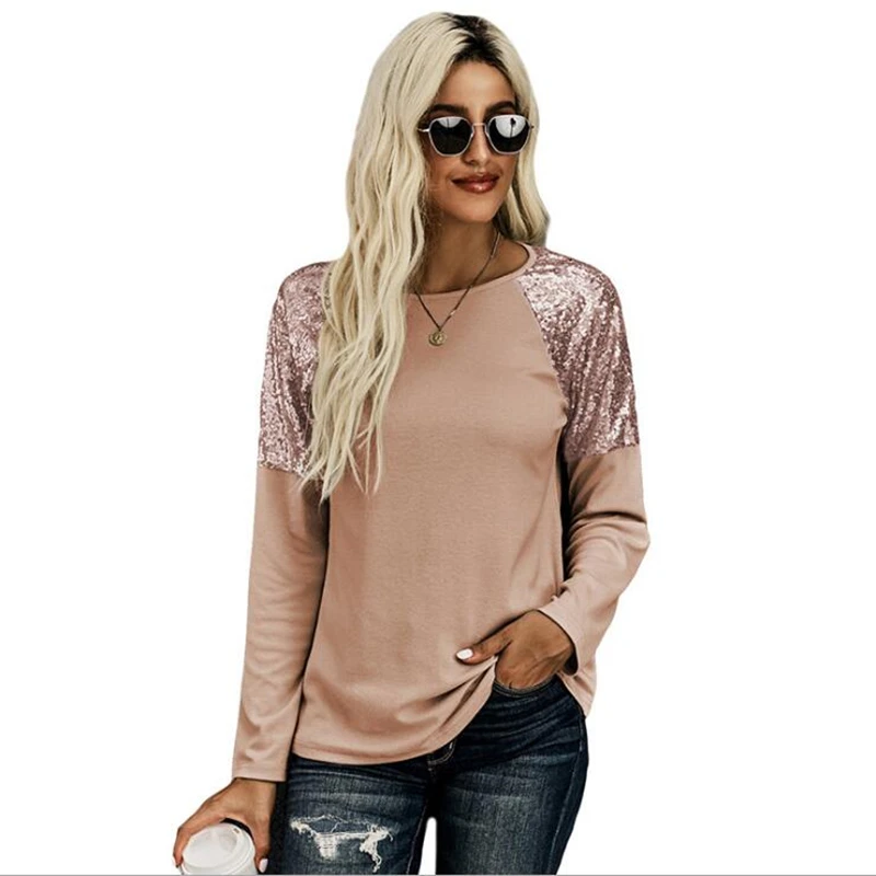 New Arrival Ladies Fashion Autumn Pure Color Sequin Stitching Casual Round Neck Women's Pullover Shirts Feminino Top
New Arrival Ladies Fashion Autumn Pure Color Sequin Stitching Casual Round Neck Women's Pullover Shirts Feminino Top