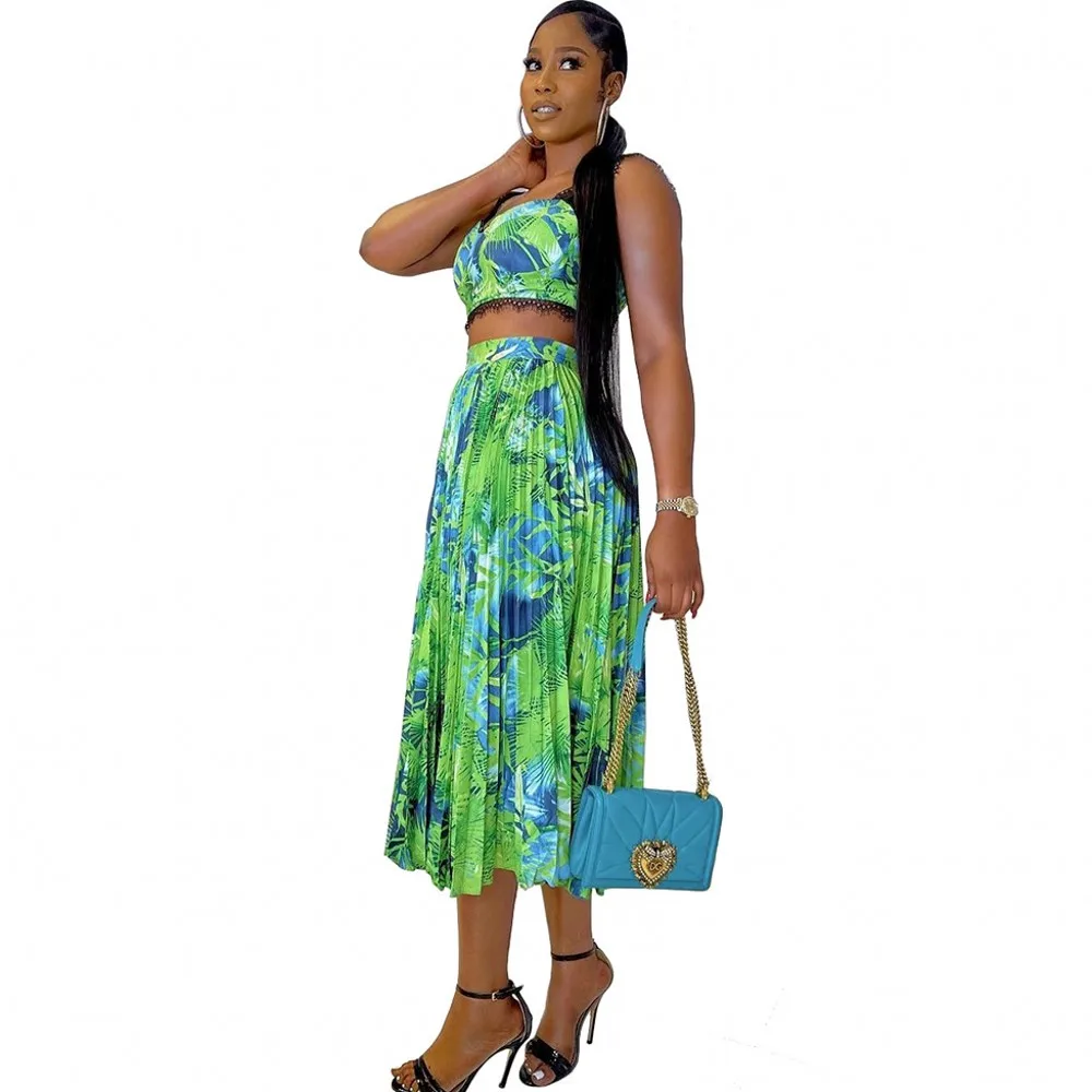 Two Piece Fashion Women's New Summer Sexy Spaghetti Vest + Print Pleated Skirt Matching Suit Leisure Beach Green Vestidos 2021
Two Piece Fashion Women's New Summer Sexy Spaghetti Vest + Print Pleated Skirt Matching Suit Leisure Beach Green Vestidos 2021