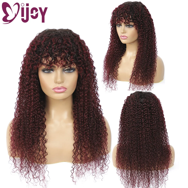 

Kinky Curly Human Hair Wigs For Women Omber 99J/Burgundy Brazilian Human Hair Wigs With Bangs IJOY Remy Full Machine Made Wig