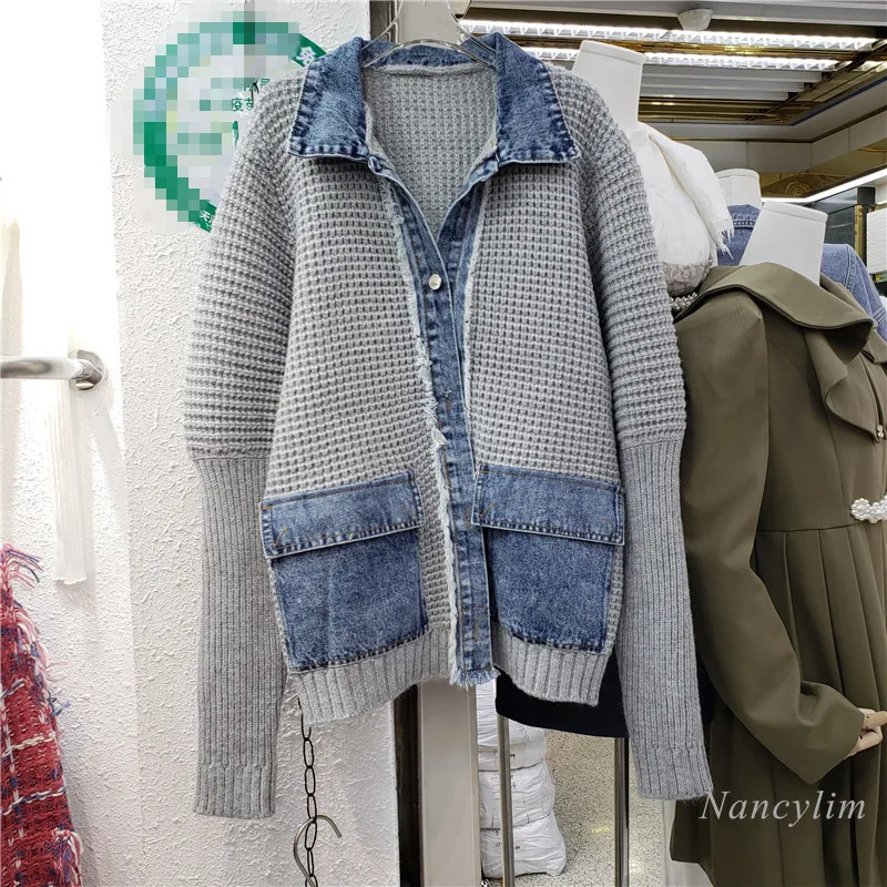 Fashion Denim Stitching Knitted Jacket Women Short Coat 2021 Autumn and Winter Female Clothing Grey Black
Fashion Denim Stitching Knitted Jacket Women Short Coat 2021 Autumn and Winter Female Clothing Grey Black
