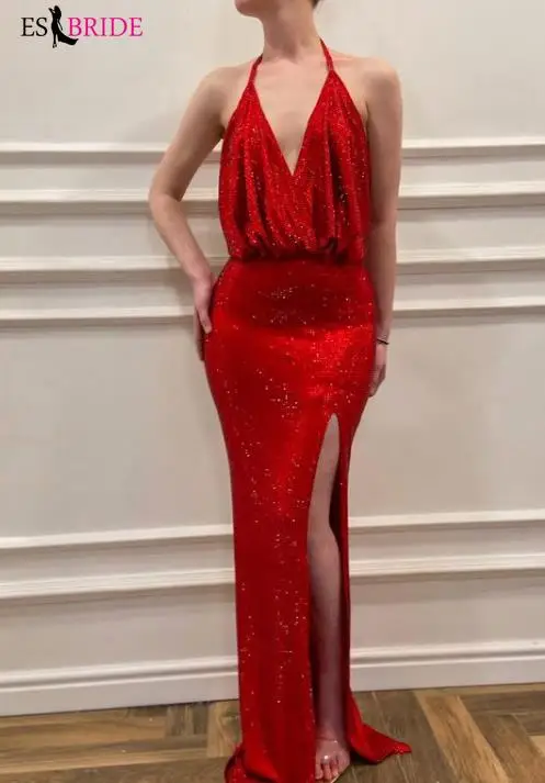 

Женское вечернее платье с юбкой годе, красное элегантное сексуальное платье с блестками и глубоким V-образным вырезом, с высоким разрезом, д...