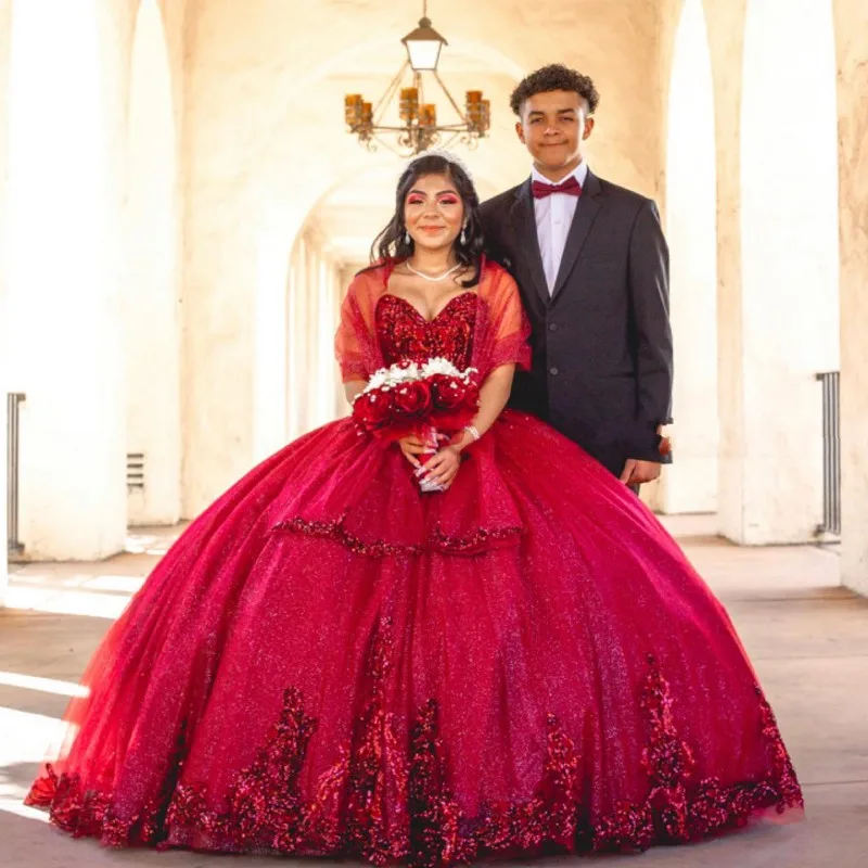 Shinny Red Sequined Quinceanera Dresses with Wrap Appliqued Sweetheart Vestidos De 15 Anos Sweet 16 Ball Gown Prom Dress
Shinny Red Sequined Quinceanera Dresses with Wrap Appliqued Sweetheart Vestidos De 15 Anos Sweet 16 Ball Gown Prom Dress