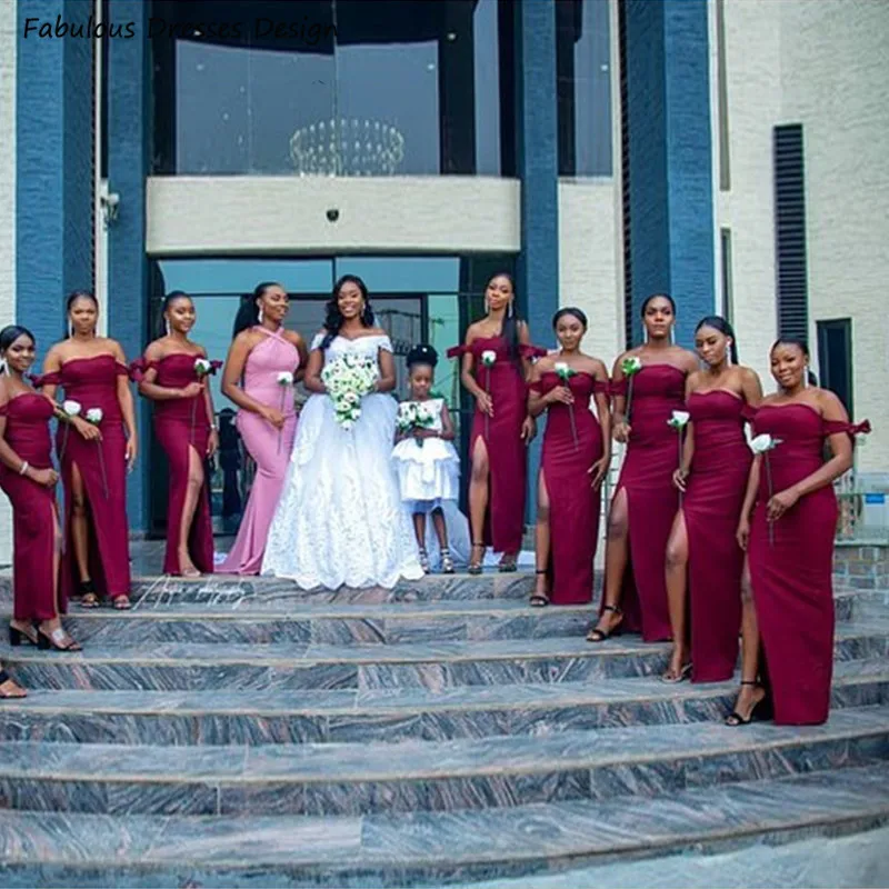 Off Shoulder Side Split Bridesmaid Dresses Burgundy Mermaid Bowknot Backless Long Wedding Party Robe De Soirée De Mariage
Off Shoulder Side Split Bridesmaid Dresses Burgundy Mermaid Bowknot Backless Long Wedding Party Robe De Soirée De Mariage