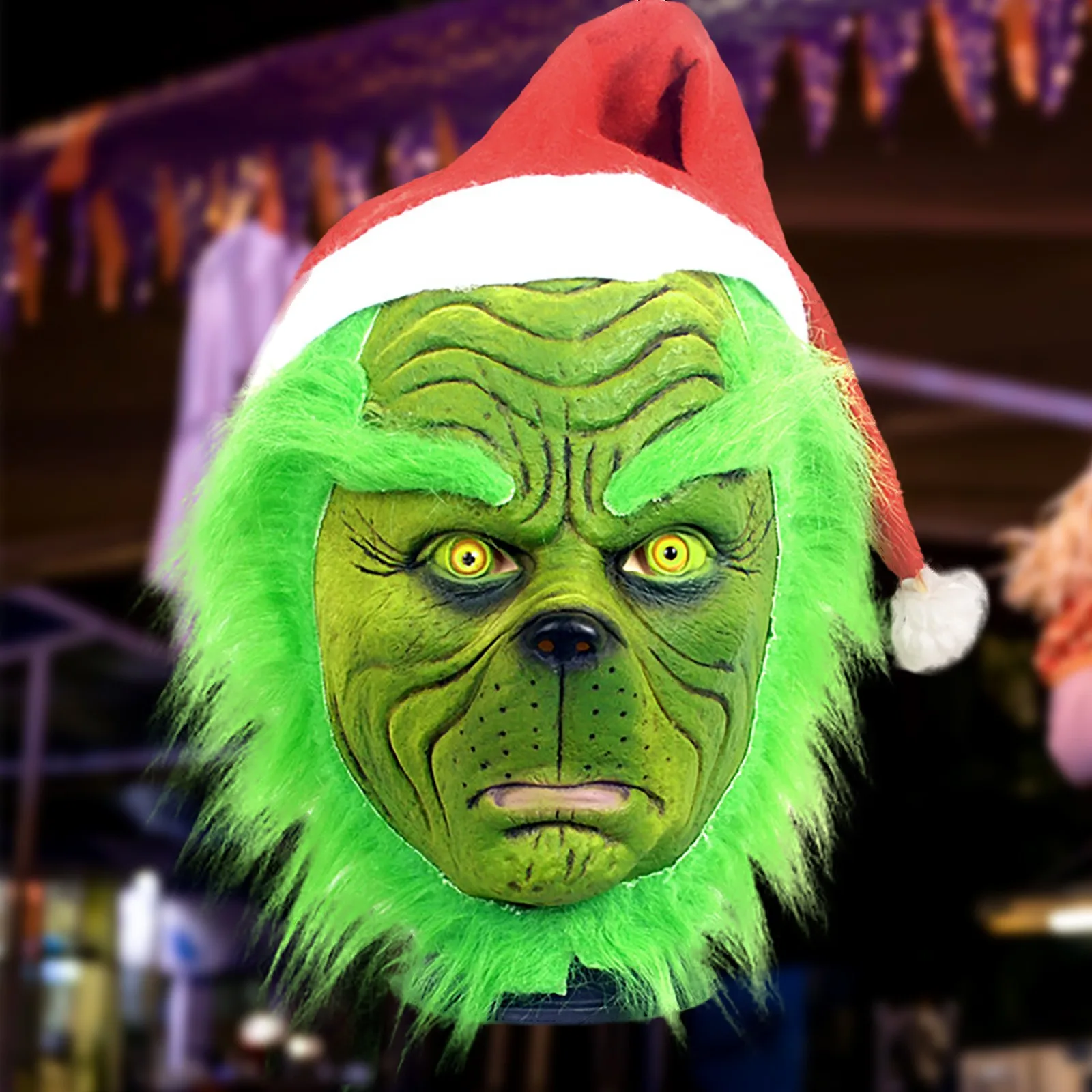

Зеленая меховая маска monster Grinch, латексная маска, головной убор, искусственный шар из фильма, реквизит для костюма для косплея, страшная маска...