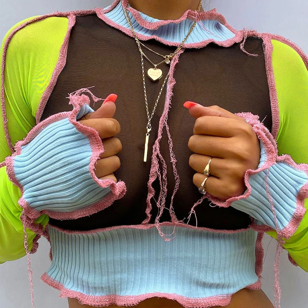 Tie-dye Patchwork Shirt Stitch Crop Top Stand Collar Sexy Mesh Yarn Blouse Fashion Punk Style Long Sleeve Shirt Summer Women New
Tie-dye Patchwork Shirt Stitch Crop Top Stand Collar Sexy Mesh Yarn Blouse Fashion Punk Style Long Sleeve Shirt Summer Women New