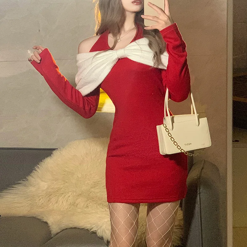 2021 Winter Christmas Women Fashion Bowknot Shawl Hanging Neck Long-sleeve Dress Elegant Party Slim Mini Dresses Vestidos
2021 Winter Christmas Women Fashion Bowknot Shawl Hanging Neck Long-sleeve Dress Elegant Party Slim Mini Dresses Vestidos