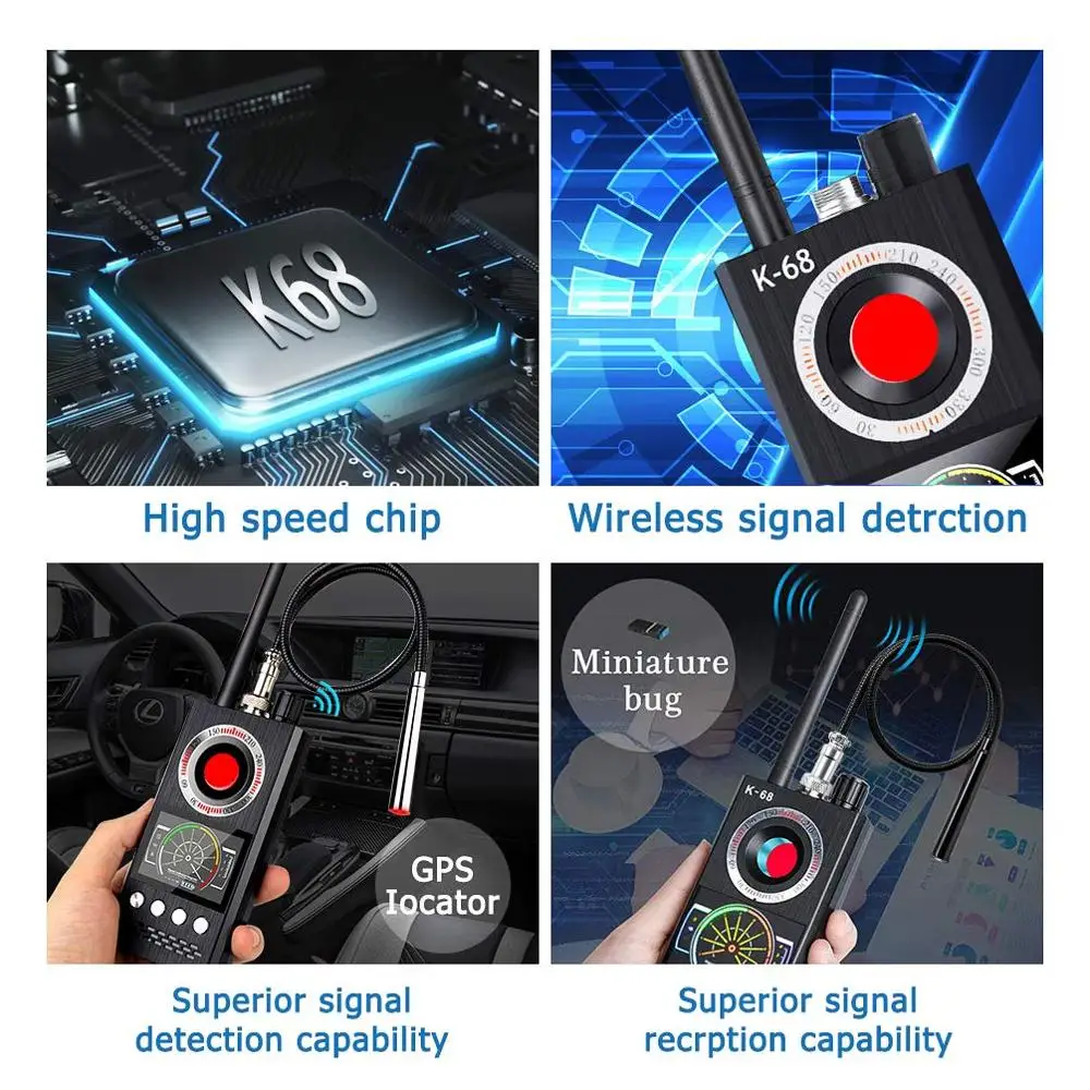 Anti Spy Wireless RF Signal Detector Bug GSM GPS Tracker Hidden Camera Eavesdropping Device Military Professional Version K68
Anti Spy Wireless RF Signal Detector Bug GSM GPS Tracker Hidden Camera Eavesdropping Device Military Professional Version K68