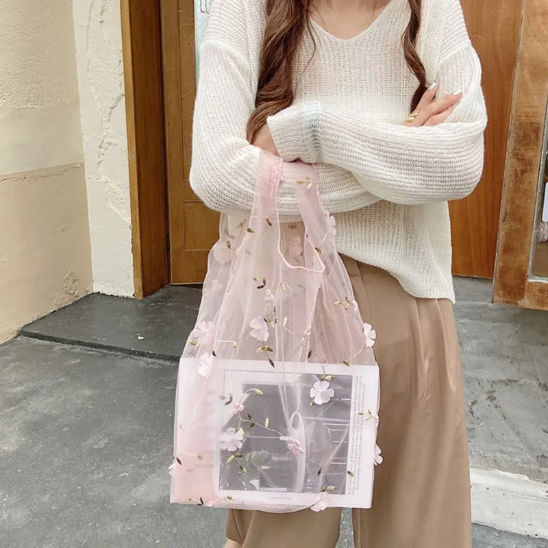 DIY Handbag Foldable Top-Handle Bags Embroidery Floral Mesh Shopping Tote Bag Organza Sweet Casual Tote Transparent Lace Organza
DIY Handbag Foldable Top-Handle Bags Embroidery Floral Mesh Shopping Tote Bag Organza Sweet Casual Tote Transparent Lace Organza
