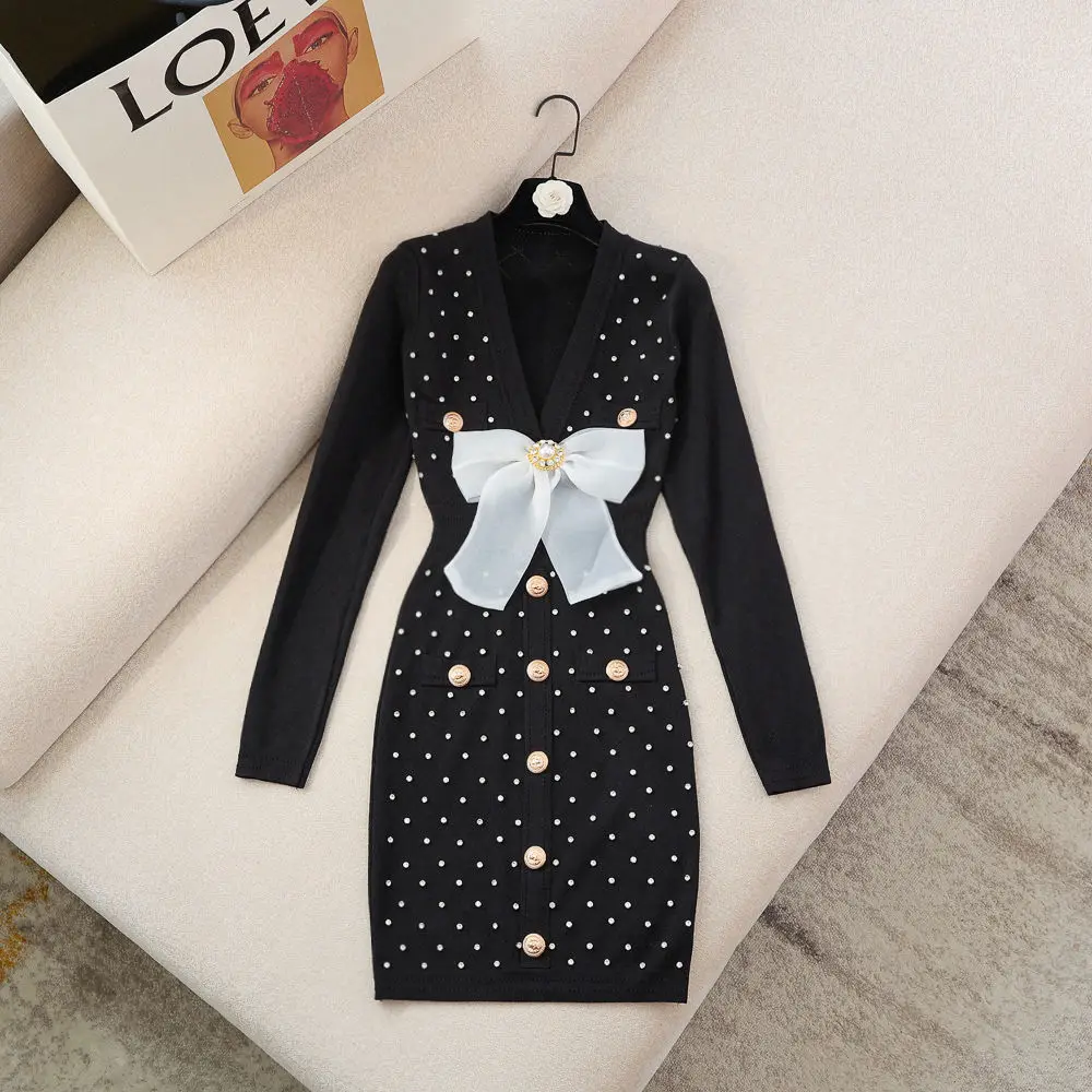 Autumn New Style Knitted Dress Spring V-Neck Long Sleeved Bow Beaded Sexy Night Club High Waist Thin Ladies Bodycon Vestidos
Autumn New Style Knitted Dress Spring V-Neck Long Sleeved Bow Beaded Sexy Night Club High Waist Thin Ladies Bodycon Vestidos