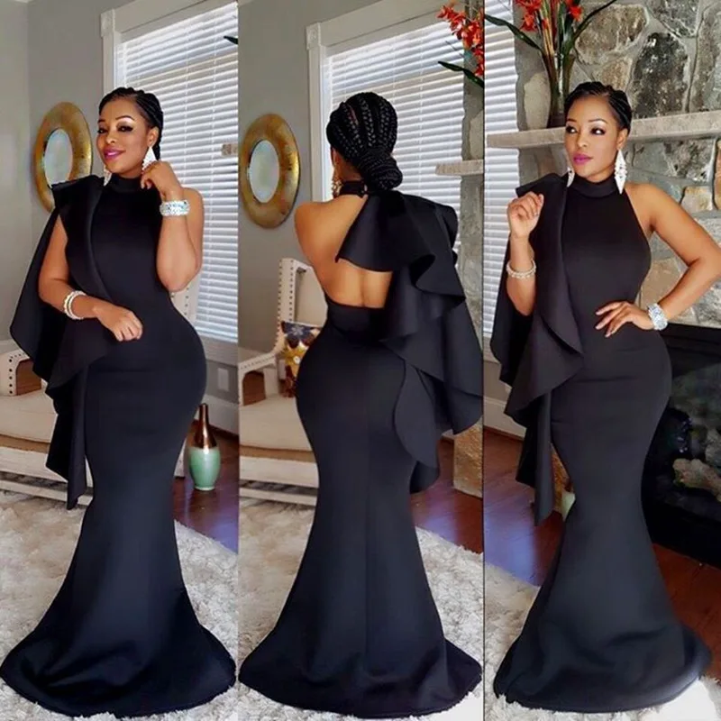 Женское вечернее платье Aso Ebi недорогое черное с открытой спиной пошив на заказ 2020