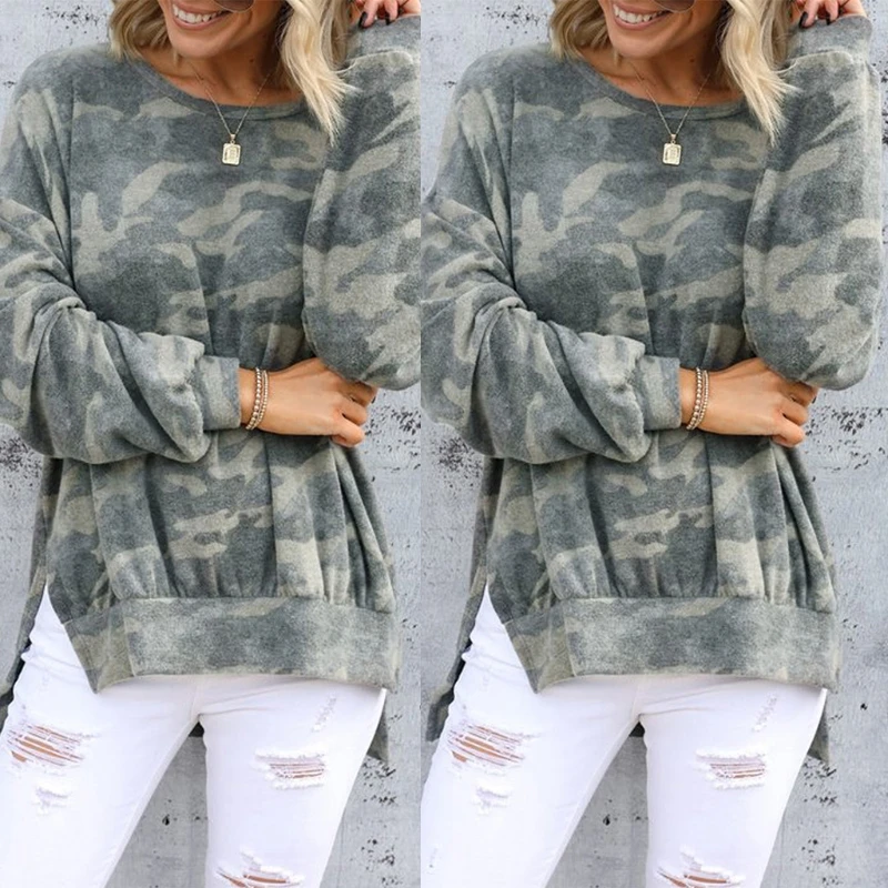 Women Autumn Long Sleeve Round Neck Sweatshirt Camouflage Printed Oversized Tunic Tops Side Slit High Low Hem Loose Pullover Shi
Women Autumn Long Sleeve Round Neck Sweatshirt Camouflage Printed Oversized Tunic Tops Side Slit High Low Hem Loose Pullover Shi