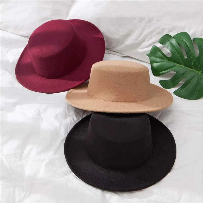 

Однотонная фетровая шляпа зимние женские головные уборы для женщин и мужчин, шерстяные винтажные фетровые шляпы с широкими полями для церк...