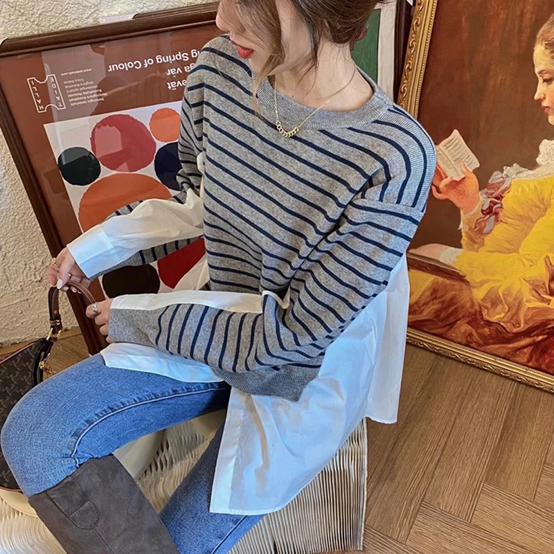 Chic Patchwork Striped Sweater Women Autumn Winter Fake Two Piece Pullover Knitted Sweaters Female Jumper Pull Femme 
Chic Patchwork Striped Sweater Women Autumn Winter Fake Two Piece Pullover Knitted Sweaters Female Jumper Pull Femme