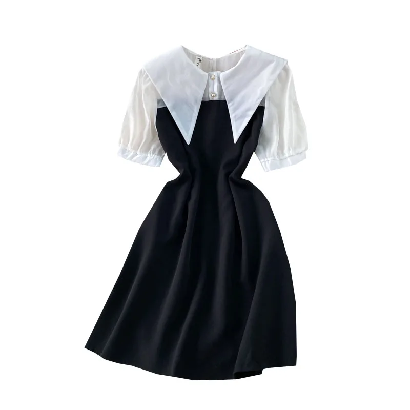 2021 summer new retro big Lapel bubble sleeve fake two pieces of gentle wind waist show thin elegant temperament dress 
2021 summer new retro big Lapel bubble sleeve fake two pieces of gentle wind waist show thin elegant temperament dress