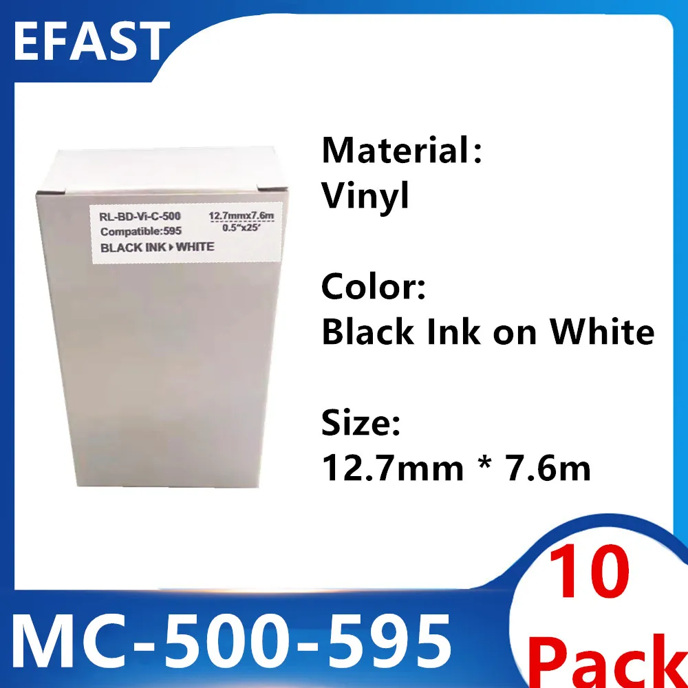 

10 Pack MC 500 595 Vinyl Label Ribbon Black On white For BMP-41 BMP-51 BMP-53 PC Linked Printer 12.7mm * 7.6m