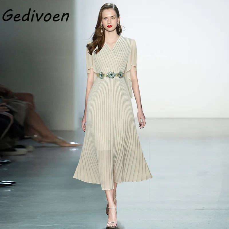 Gedivoen Fashion Designer Summer Chiffon Dress Women's Three Quarter sleeve Sashes Beaded Applique Solid Pleated Long Dress
Gedivoen Fashion Designer Summer Chiffon Dress Women's Three Quarter sleeve Sashes Beaded Applique Solid Pleated Long Dress