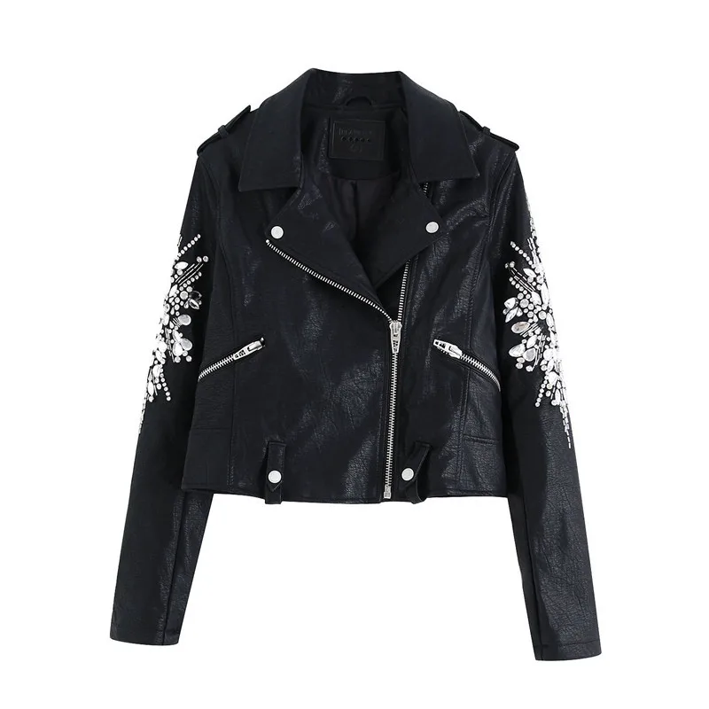 High Quality Women PU Leather Jacket Autumn 2021 New Fashion Shiny Crystal Beading Coat Short Top Modern Lady Black Outwear
High Quality Women PU Leather Jacket Autumn 2021 New Fashion Shiny Crystal Beading Coat Short Top Modern Lady Black Outwear