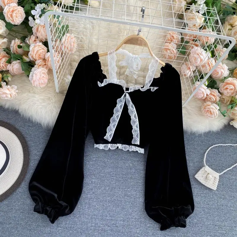 Sexy Halter Lace Patchwork Short Blouse For Women Casual Puff Sleeve Velvet Shirt Female Black Tops New Fashion Autumn Winter
Sexy Halter Lace Patchwork Short Blouse For Women Casual Puff Sleeve Velvet Shirt Female Black Tops New Fashion Autumn Winter