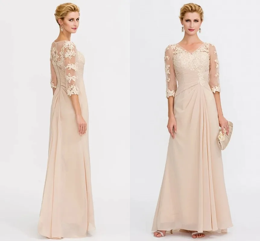 Champagne Mother of the Bride Dress Elegant Illusion V Neck Chiffon Sheer Lace Half Sleeve Appliques Party Gown Plus Size
Champagne Mother of the Bride Dress Elegant Illusion V Neck Chiffon Sheer Lace Half Sleeve Appliques Party Gown Plus Size